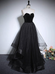 Black A-Line Tulle Long Prom Dresses, Black Long Evening Dresses