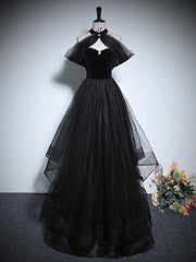 Black A-Line Tulle Long Prom Dresses, Black Long Evening Dresses