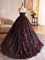 Black and Red Floral Tulle Long Party Dress, Strapless Formal Sweet 16 Dress