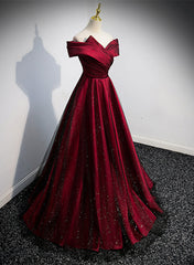 Black and Red Satin Off Shoulder Long Junior Prom Dresses, A-line Satin Party Dresses