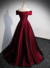 Black and Red Satin Off Shoulder Long Junior Prom Dresses, A-line Satin Party Dresses