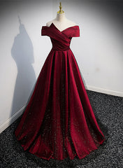 Black and Red Satin Off Shoulder Long Junior Prom Dresses, A-line Satin Party Dresses