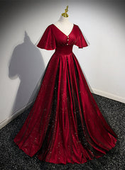 Black and Red V-neckline Long Satin Prom Dresses,Chic Long A-line Party Dresses