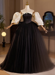 Black Ball Goen Satin Strapless Puff Sleeve Prom Dresses