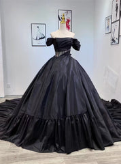 Black Ball Gown Satin Off the Shoulder Wedding Dresses