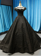 Black Ball Gown Sequins Beading Bateau Prom Dresses With Feather