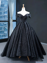 Black Ball Gown Sequins  Off the Shoulder Prom Dresses