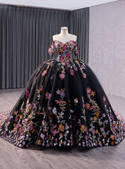 Black Ball Gown Tulle Colorful Sequins Prom Dresses