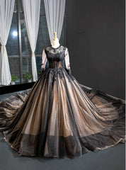 Black Ball Gown Tulle Lace Appliques Long Sleeve Luxury Prom Dresses