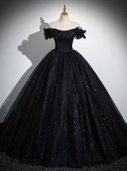 Black Ball Gown Tulle Sequins Off the Shoulder Quinceanera Dresses