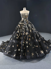 Black Ball Gown Tulle Sequins Strapless Sleeveless Luxury Prom Dresses