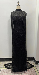 Black Beading Prom Dresses Sweep Train High Neck Zipper Sleeveless Evening Dresses