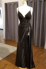 Black Floral Lace V-Neck Long Prom Dresses with Slit,Event Dresses Elegant