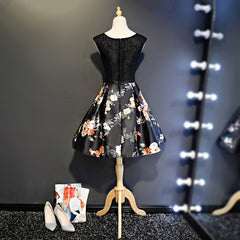 Black Floral Satin and Lace Round Neckline Short Party Dresses Prom Dresses, Black Homecoming Dresses