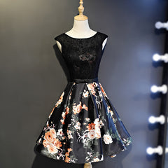 Black Floral Satin and Lace Round Neckline Short Party Dresses Prom Dresses, Black Homecoming Dresses