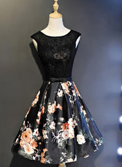 Black Floral Satin and Lace Round Neckline Short Party Dresses Prom Dresses, Black Homecoming Dresses