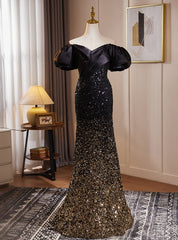 Black Gold Mermaid Sequins Off the Shoulder Prom Dresses