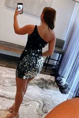 Black Gradient Cut Glass Mirror One-Shoulder Short Dresses