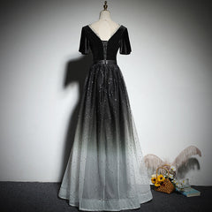 Black Gradient tulle and Velvet Short Sleeves V-neckline Tulle Party Dress, Black Tulle Prom Dress