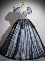 Black Gray Tulle Puff Sleeve Beading Quinceanera Dresses