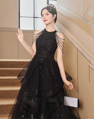 Black Halter Tulle Layers Long Formal Dresses, Black Tulle Prom Dresses