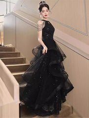 Black Halter Tulle Layers Long Formal Dresses, Black Tulle Prom Dresses