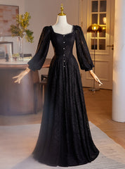 Black Lace Long Sleeve Square Neck Pearls Prom Dresses