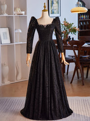 Black Lace Long Sleeve Square Prom Dresses