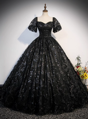 Black Lace Sequins Puff Sleeve Quinceanera Dresses