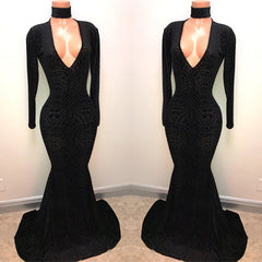 Black Lace V-Neck Prom Party Gowns| Mermaid Long-Sleeve Evening Gowns