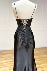 Black Long Satin with Lace Straps Long Party Dresses, Black Evening Dresses