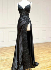 Black Long Satin with Lace Straps Long Party Dresses, Black Evening Dresses