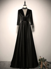 Black Long Sleeve Satin High Neck Prom Dresses