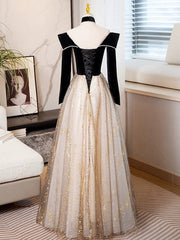 Black Long Sleeves Velvet ane Tulle Long Party Derss, Black Off Shoulder Prom Dresses