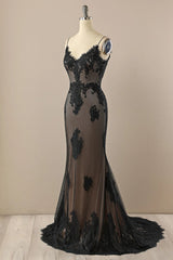 Black Mermaid Lace Straps Evening Dresses Party Dresses, Black Long Prom Dresses