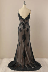 Black Mermaid Lace Straps Evening Dresses Party Dresses, Black Long Prom Dresses