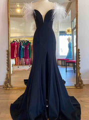 Black Mermaid Off the Shoulder Feather Prom Dresses