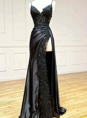 Black Mermaid Satin Spaghetti Sraps Prom Dresses