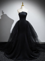 Black Mermaid Satin Tulle Strapless Prom Dresses