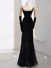 Black Mermaid Straps Sequins Prom Dresses