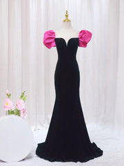 Black Mermaid Velvet Puff Sleeve Backless Prom Dresses