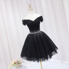 Black Off Shoulder Beaded Tulle Short Prom Dress, Black Homecoming Dress Formal Dress