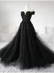 Black Off Shoulder Formal Dresses with Lace, Black Tulle Off Shoulder Prom Dresses