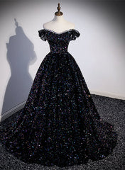 Black Off Shoulder Shiny Beaded Long Prom Dresses A-line Black Evening Dresses prom Dresses shops