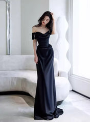 Black Off Shoulder Soft Satin Floor Length Party Dresses, Black Satin Evening Dresses