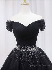 Black Off Shoulder Tulle Sequin Short Prom Dress, Black Homecoming Dresses