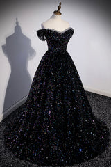 Black Off the Shoulder Beaded Long Formal Dress, Black Shiny Sequins Evening Dress