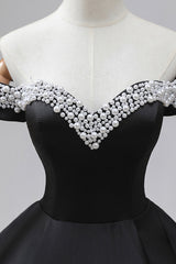 Black Off the Shoulder Pearls Long Sleeve Prom Dresses, A-Line Evening Party Dresses with Slit