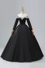 Black Off the Shoulder Pearls Long Sleeve Prom Dresses, A-Line Evening Party Dresses with Slit