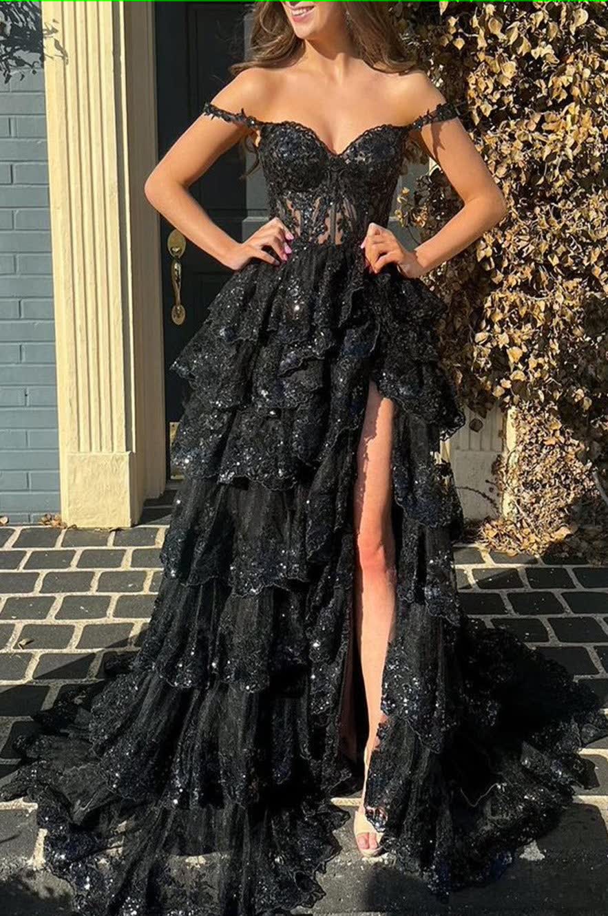 black off the shoulder tiered prom dress